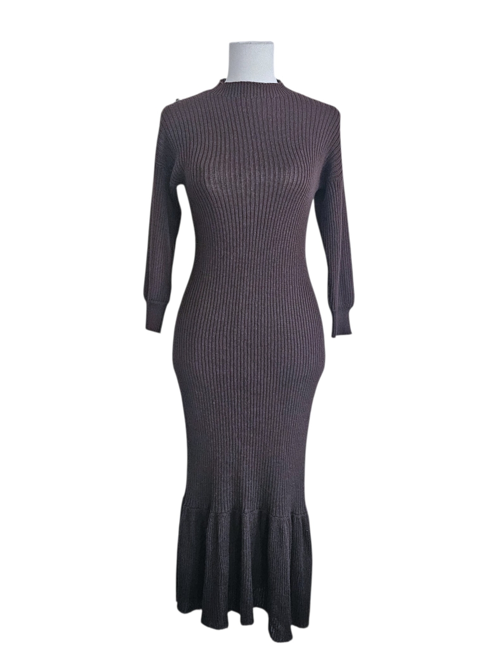 NWT Ajaie Alaie Hand Knit Alpaca Long Sleeve Midi Dress in Dark Brown XS